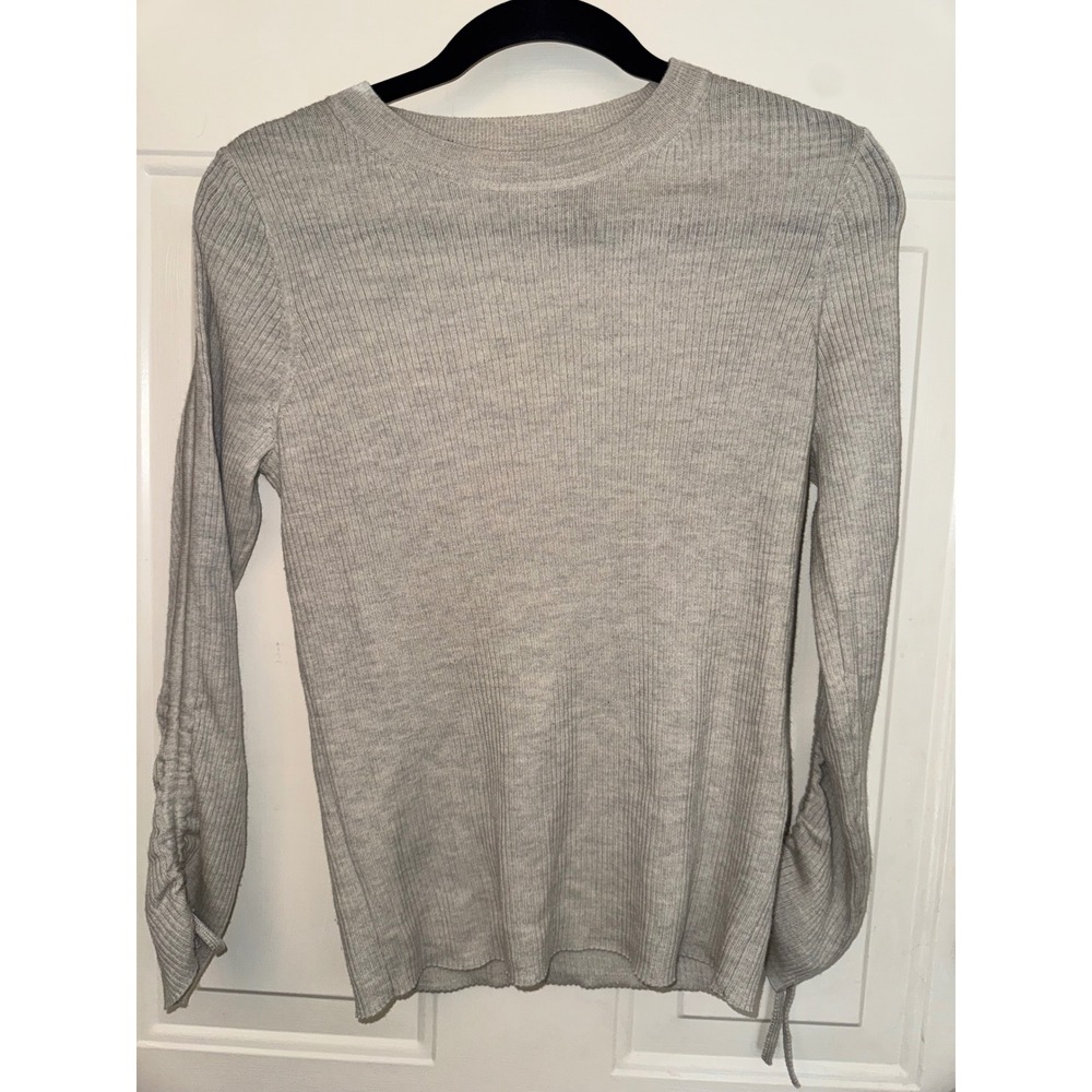 Veronica Beard Jeans Grey Ribbed 100% Merino Wool Ruched Sleeve Sweater Large